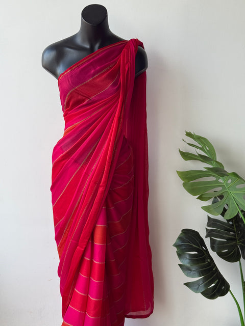 Pink and Red striped printed georgette saree