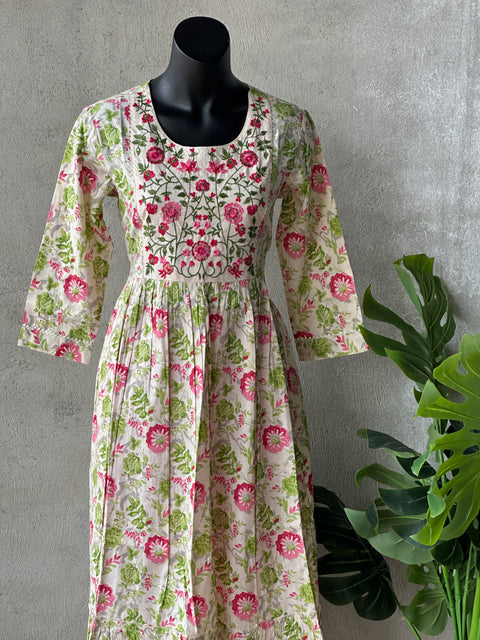 Neck emb Floral printed pure cotton Gown