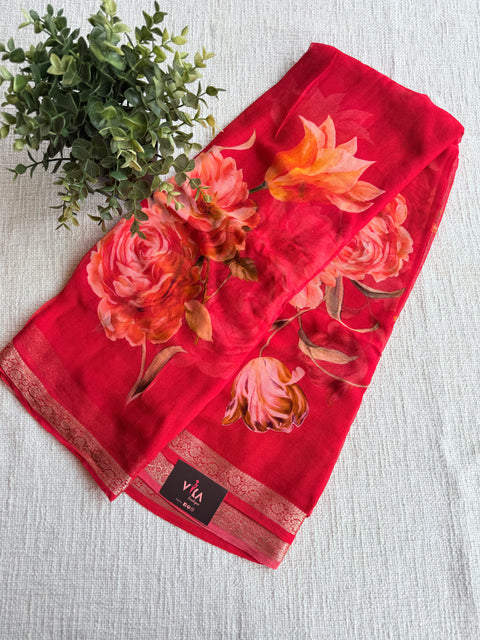 Zari border Floral printed pure chiffon saree