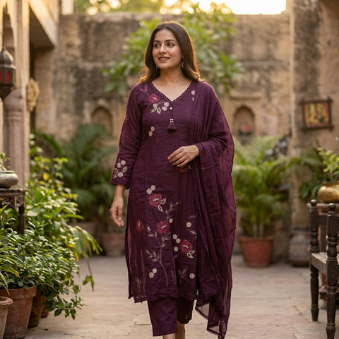 Wine floral emb pure cotton suit set