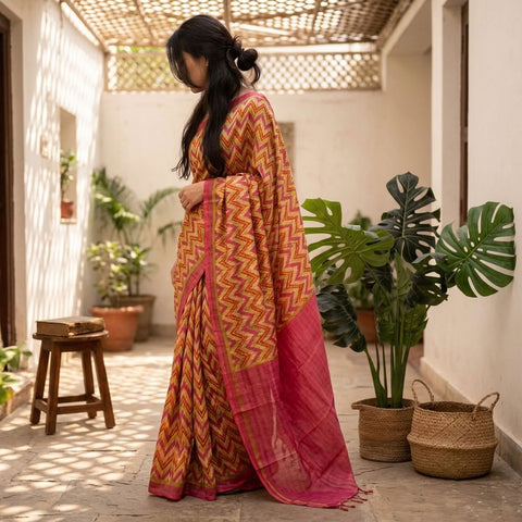 Zigzag Printed silk Linen saree