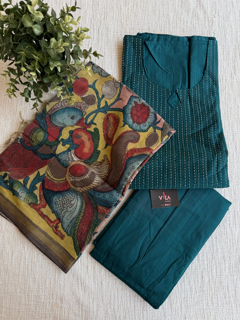 Silk cotton suit material with Pen kalamkari silk Dupatta