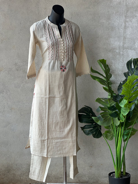 Mandarin collar emb cotton kurti pant