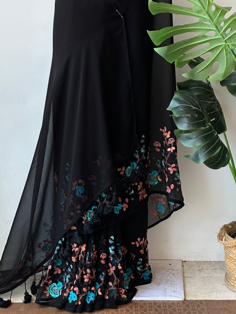 Floral emb Black georgette saree