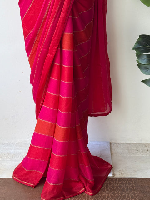 Pink and Red striped printed georgette saree