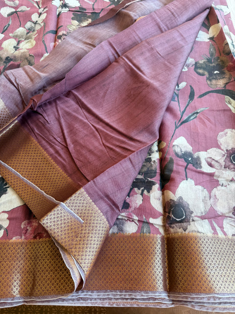 Vintage floral printed zari border saree