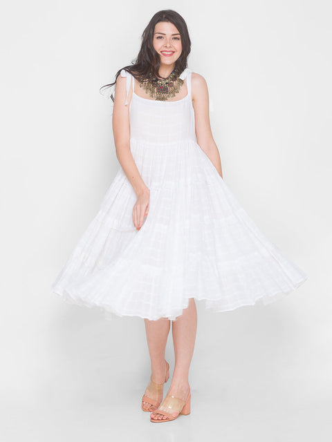 White Self Checked Tiered Casual Dress