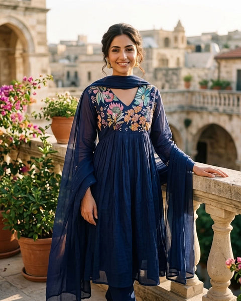 Hand emb mul chanderi Ready suit set - Electric Blue