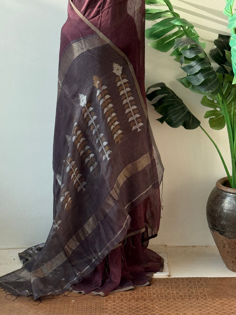 Brownish wine pure silk linen saree