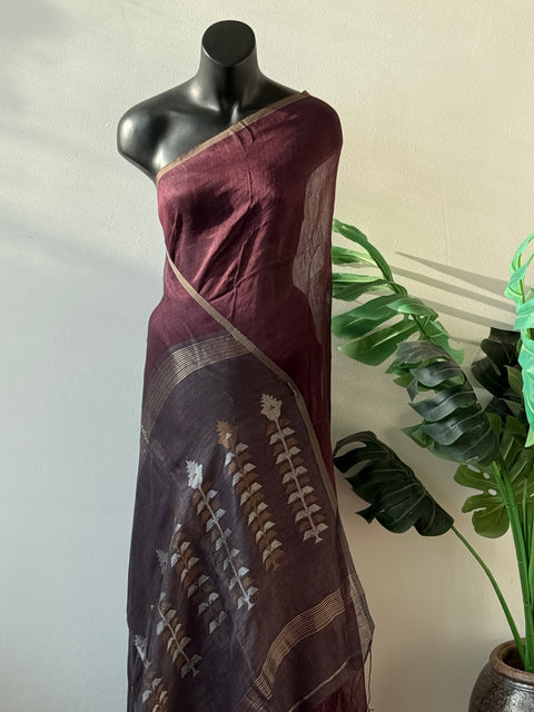 Brownish wine pure silk linen saree