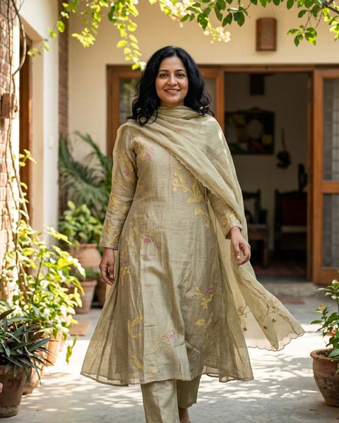 Beryl Green mul chanderi suit set