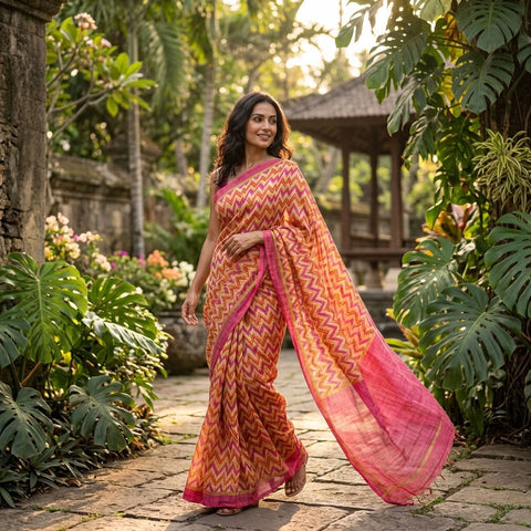 Zigzag Printed silk Linen saree