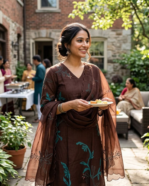 Coffee Brown Mul chanderi Ready suit set