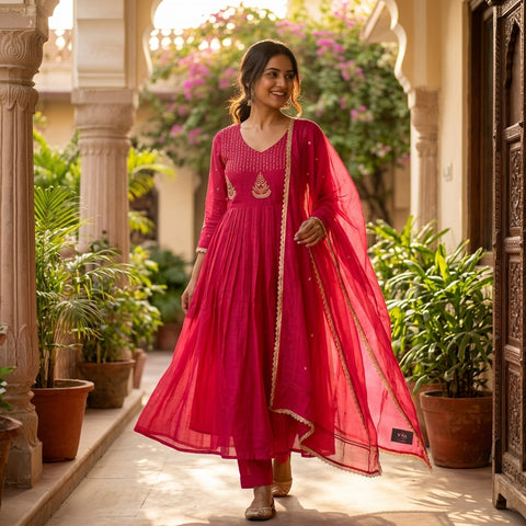 Hot pink mul chanderi silk suit set