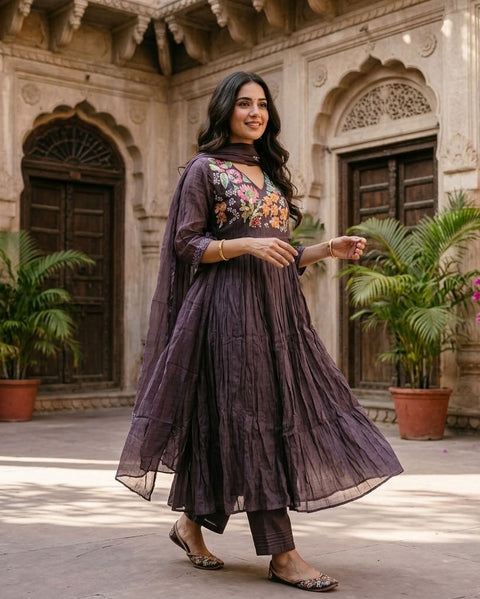 Hand emb mul chanderi Ready suit set - Mauve