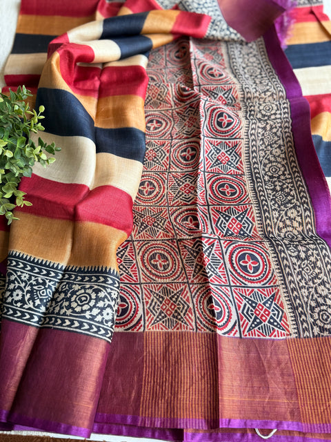 Printed tussar silk saree