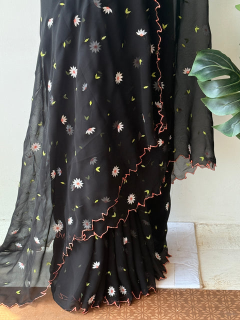 Black floral emb georgette saree