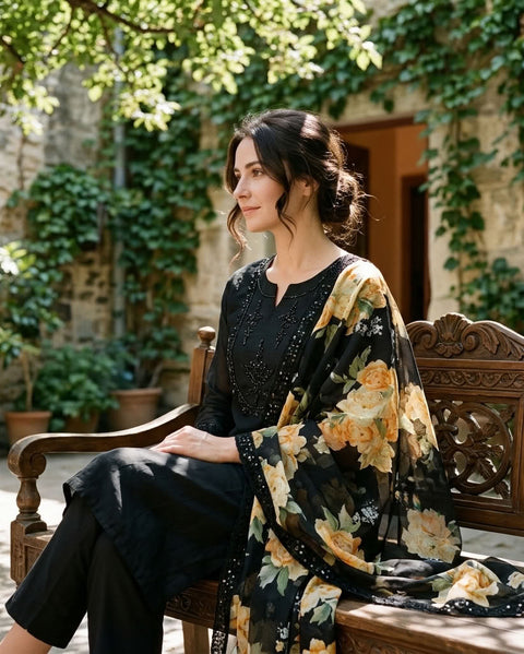 Black sequins muslin salwar material