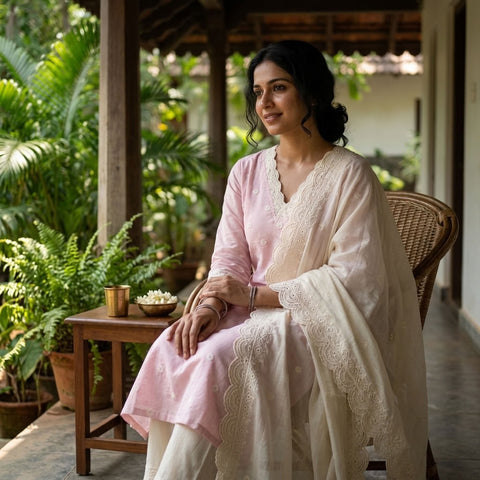 Emb chanderi suit top with cotton dupatta