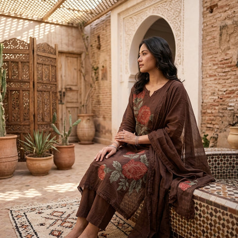 Brown Cross stitch emb cotton suit set