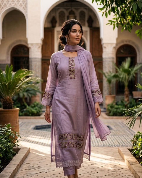 Lavender Lace and emb kurti pant set
