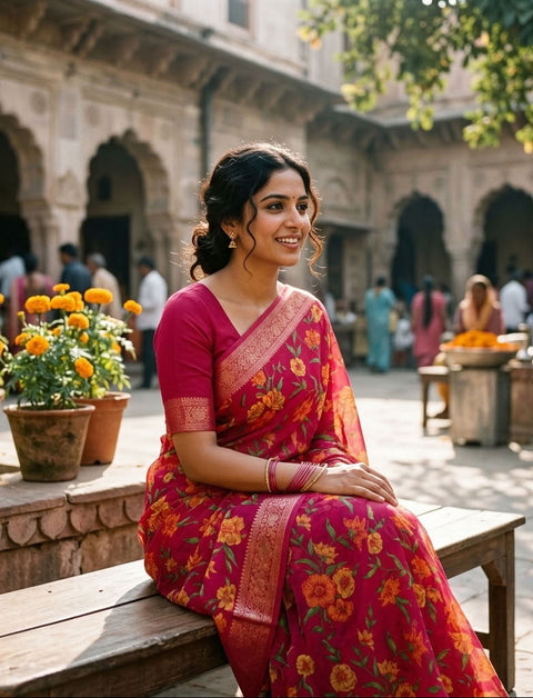 Floral Printed semi chiffon saree