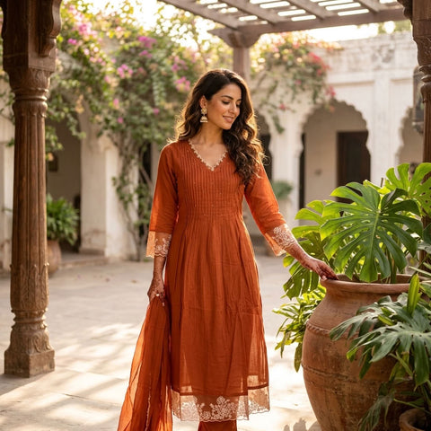 V neck lace work cotton suit set
