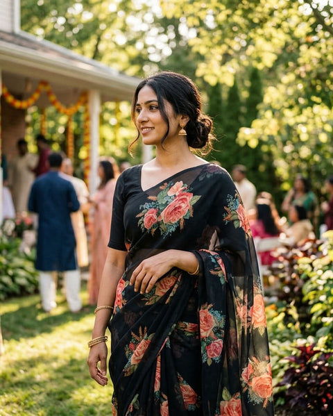 Floral printed georgette saree