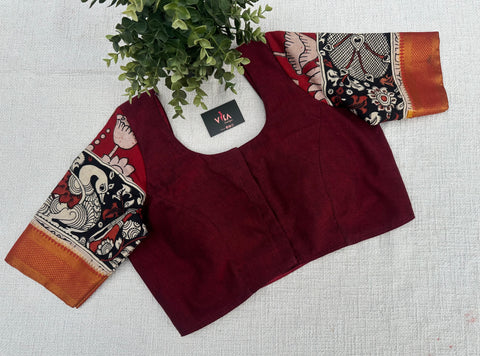 Pen kalamkari sleeves maroon blouse