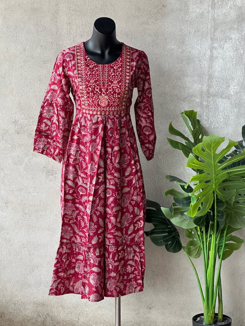 Neck emb Floral printed Rayon Gown