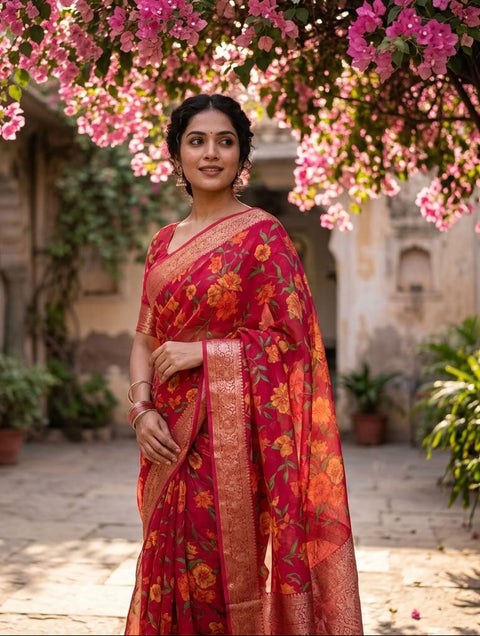 Floral Printed semi chiffon saree