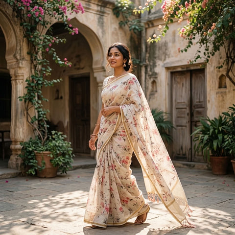 Off white Floral Printed pure munga silk saree