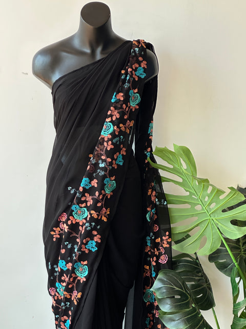 Floral emb Black georgette saree