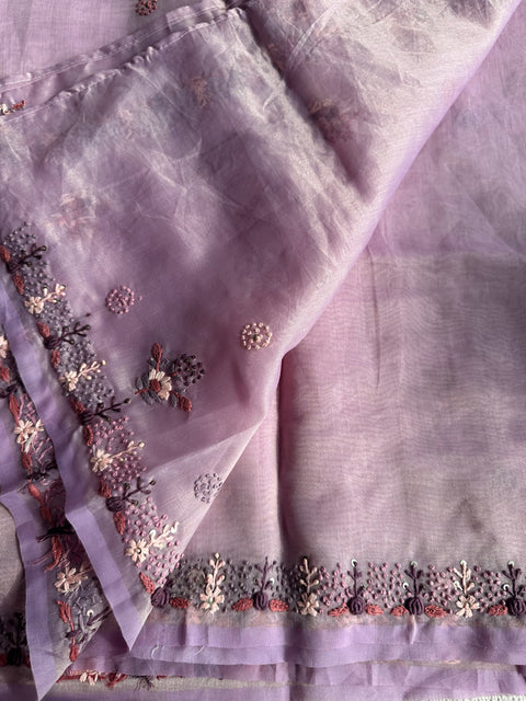 Pastel colour Hand Embroidery tissue saree