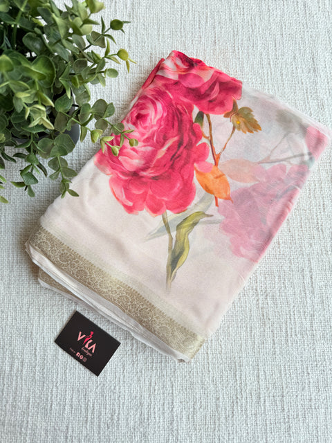 Zari border Floral printed pure chiffon saree