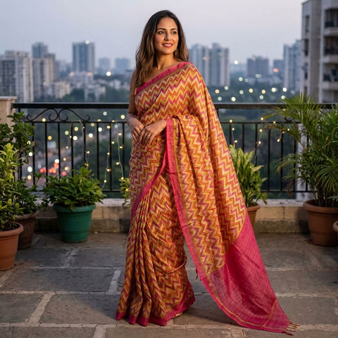 Zigzag Printed silk Linen saree