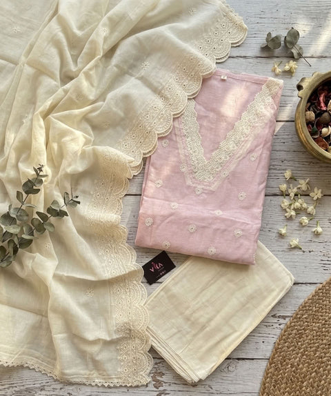 Emb chanderi suit top with cotton dupatta