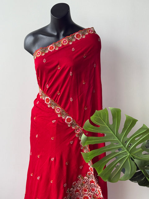 Red cut work emb vichitra saree