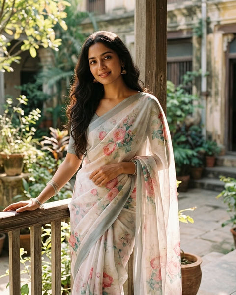 Floral printed georgette saree