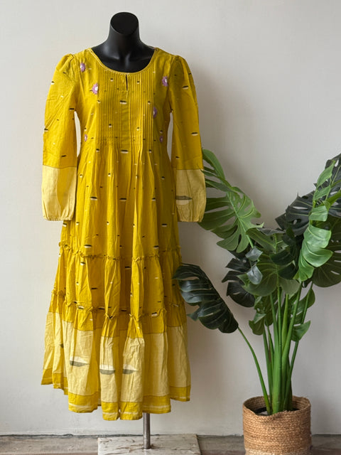 Musturd jamdani cotton layered gown