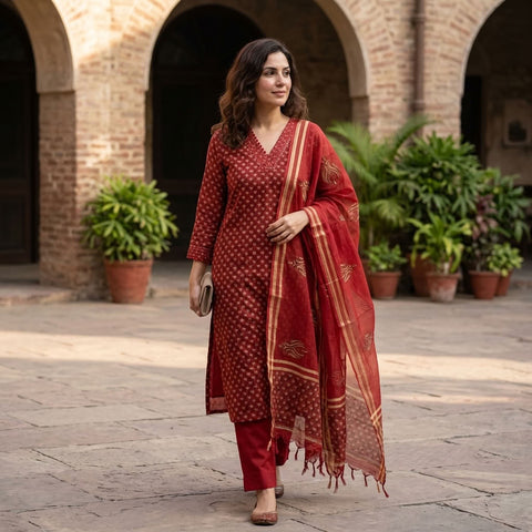 V neck printed kota cotton suit material