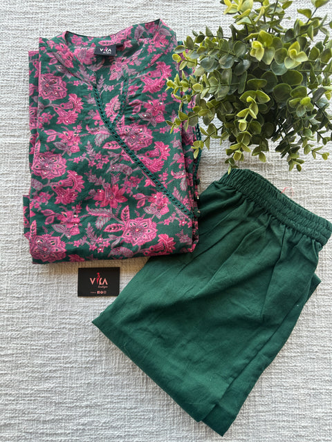 Green pink printed pure cotton kurta pant