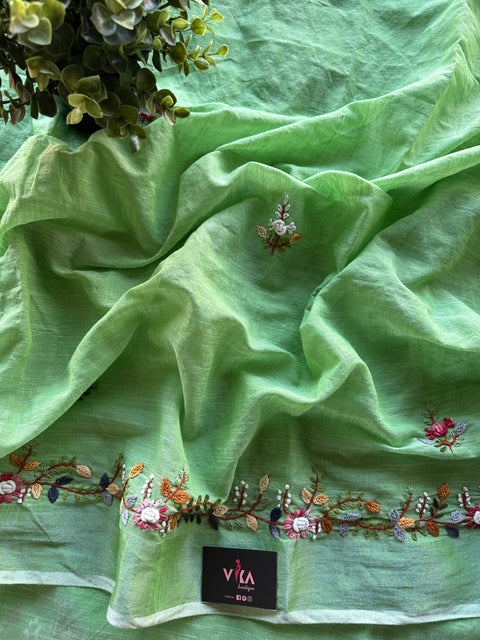 Hand embroidery cotton saree - Light Green