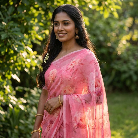 Floral printed georgette saree