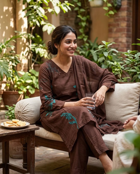 Coffee Brown Mul chanderi Ready suit set