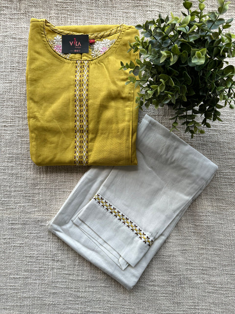 Emb neck cotton ready kurti pant