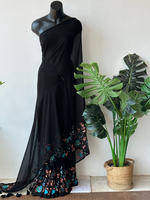 Floral emb Black georgette saree