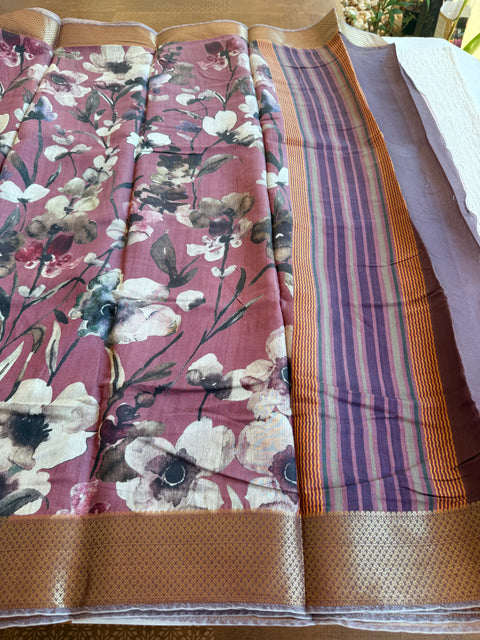Vintage floral printed zari border saree