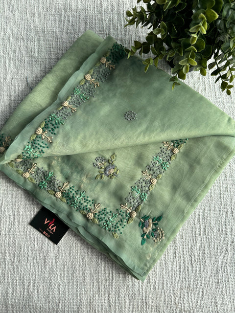 Pastel colour Hand Embroidery tissue saree