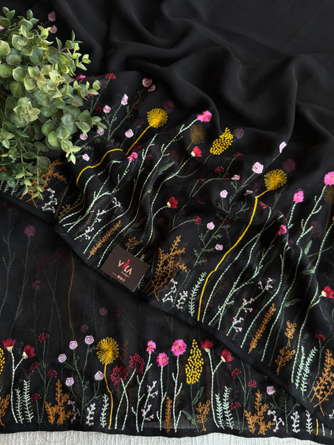 Beautiful black garden emb georgette saree